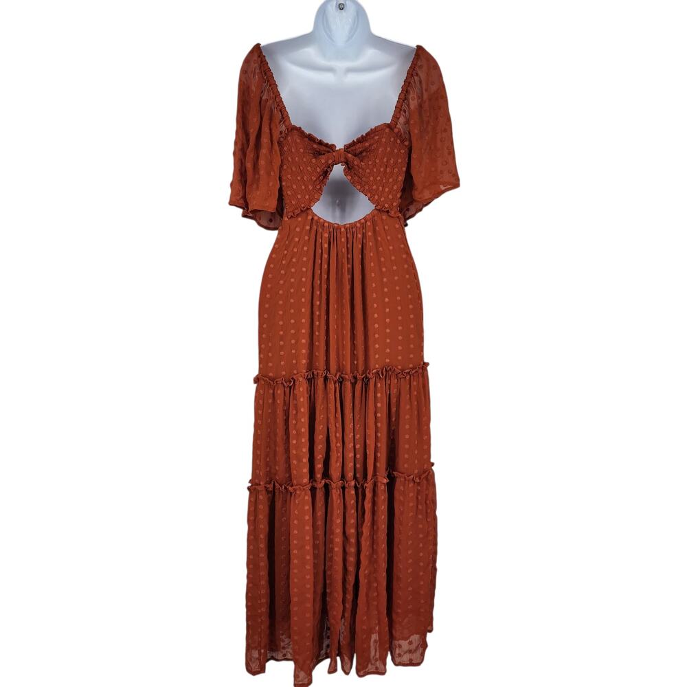 Anthropologie Ruched Ruffle Orange Swiss Dot Cutout Button Maxi Dress Size XS - Picture 8 of 8